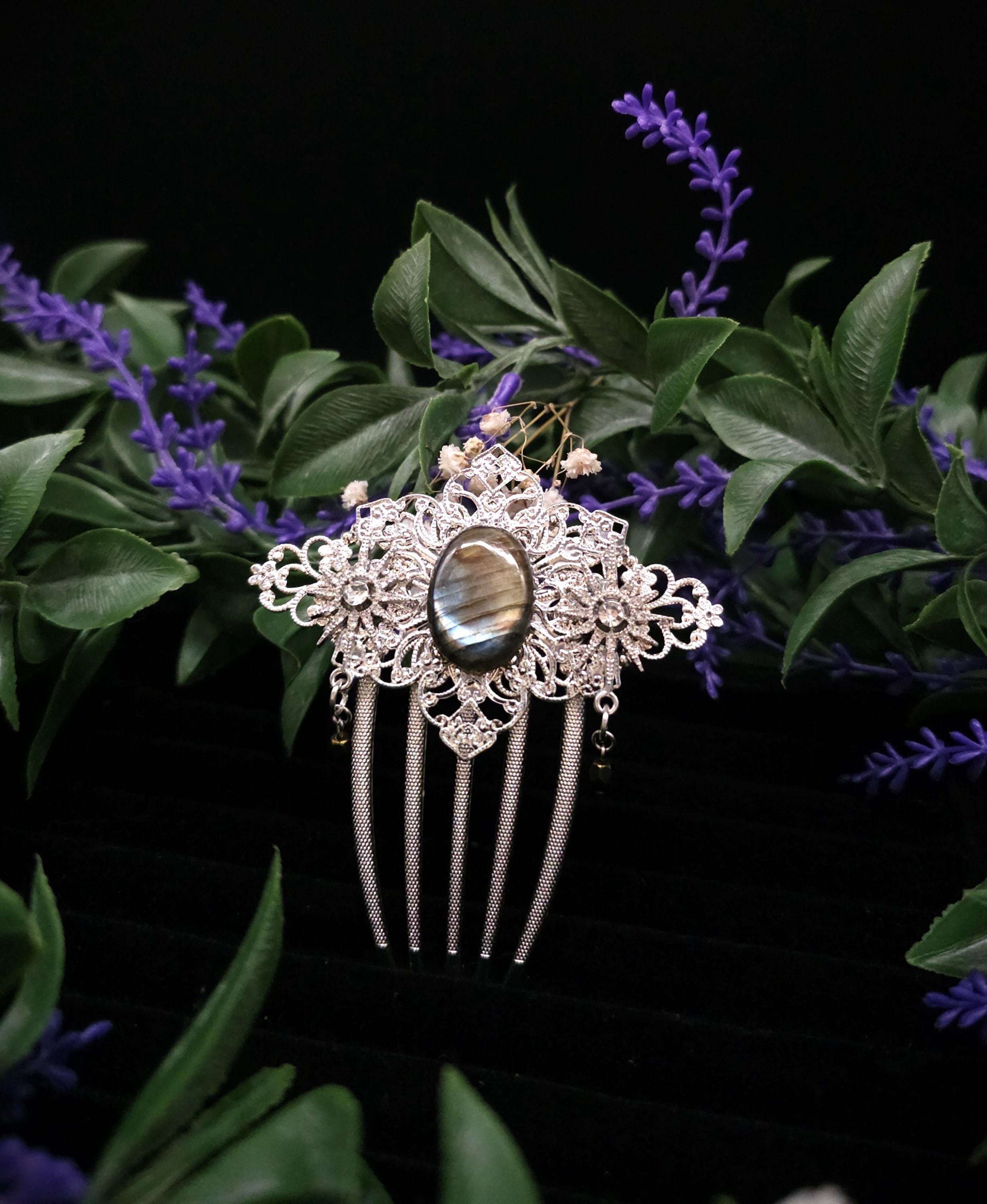 Labradorit Haarkamm ~ filigraner Haarschmuck mit Sternen ~ Art Nouveau Accessoire ~ Hochzeit, Fantasy & LARP