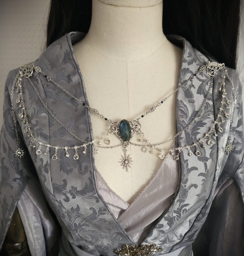 Labradorit Brosche ~ Ausschnittschmuck Silber ~ Elfischer Fantasy Schmuck ~ Schulterkette