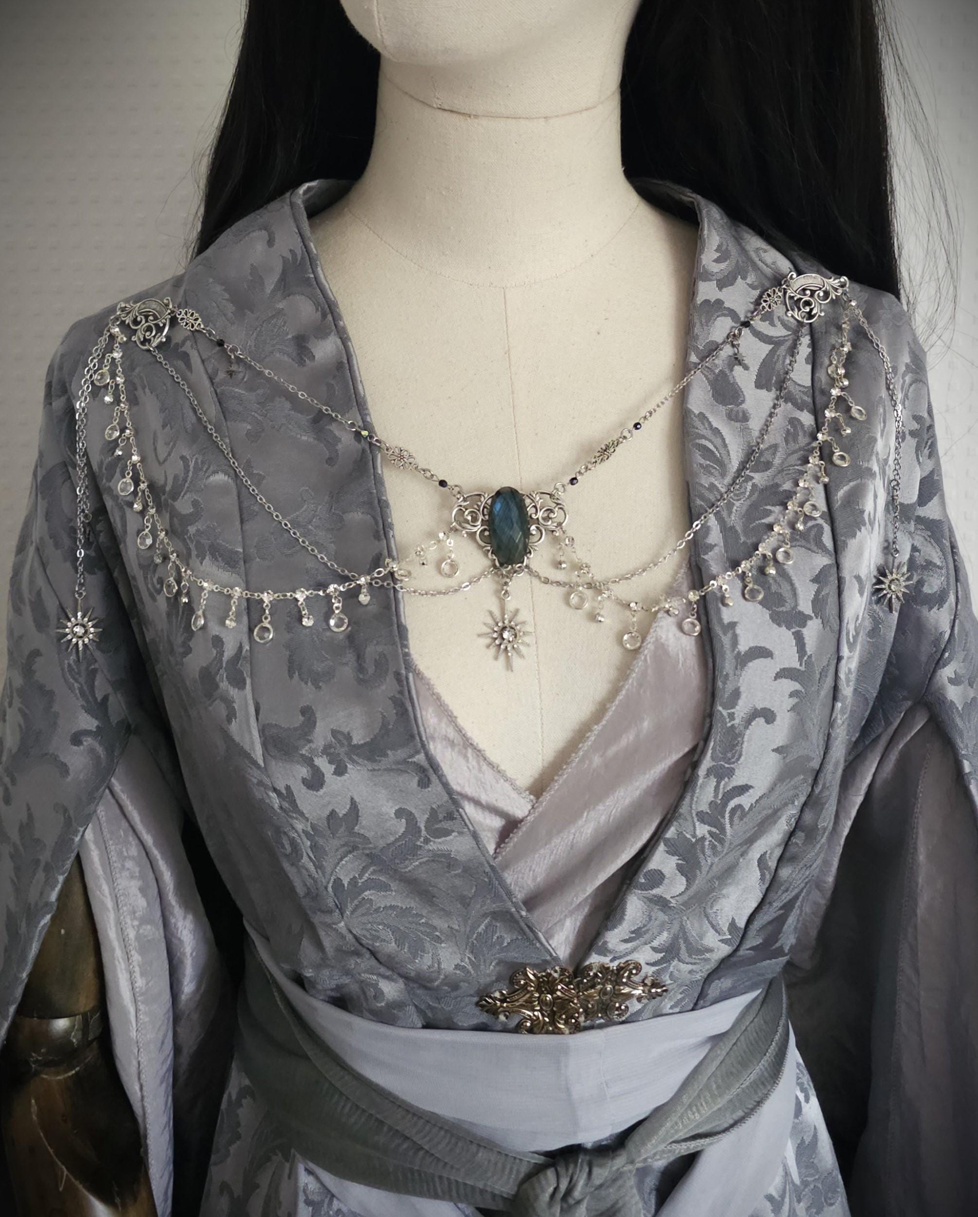 Labradorit Brosche ~ Ausschnittschmuck Silber ~ Elfischer Fantasy Schmuck ~ Schulterkette