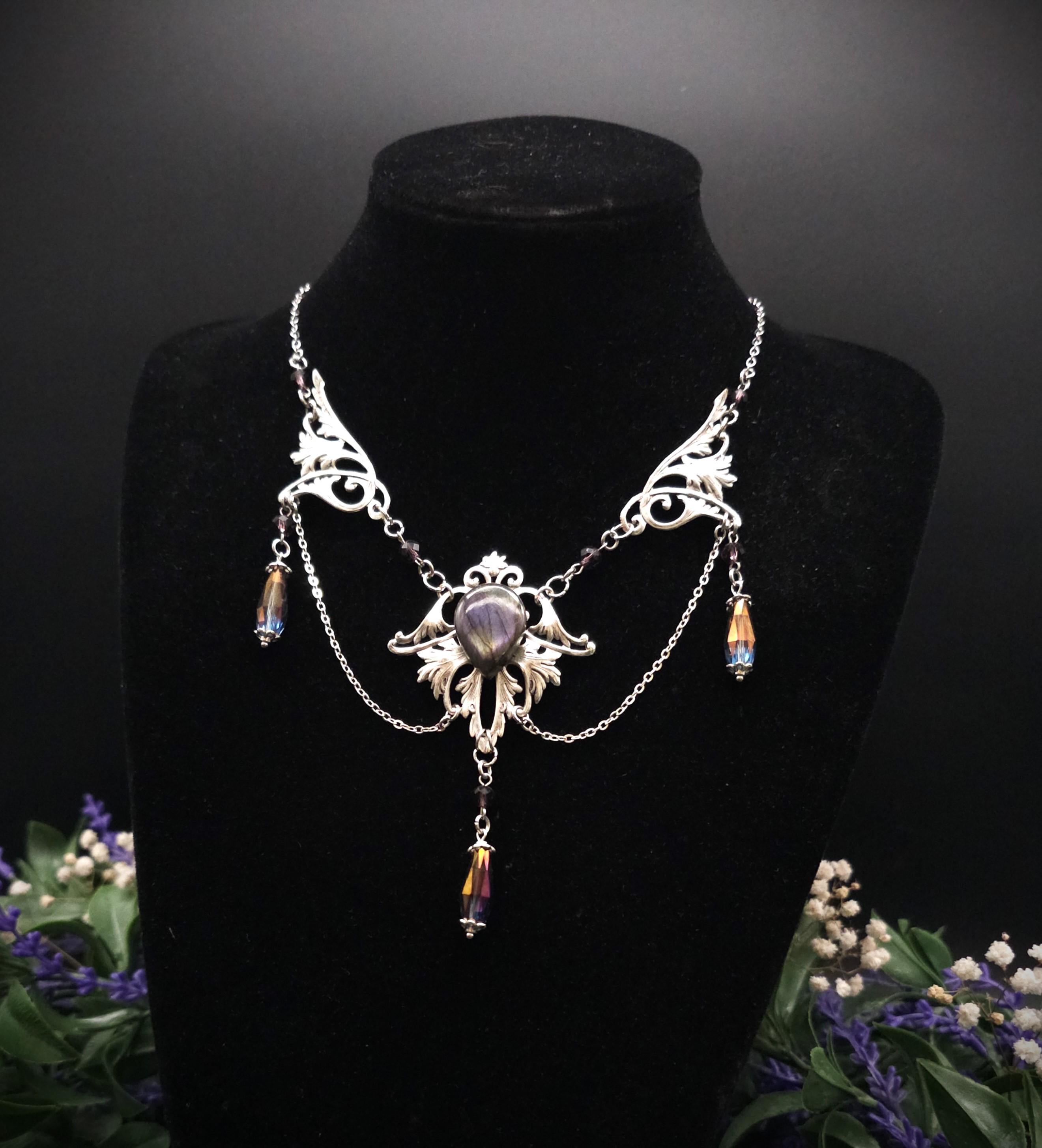 Labradorit Halskette Art Nouveau ~ Jugendstil Kette mit violettem Labradorit ~ Fantasy Schmuck ~ Gothic Statement Necklace