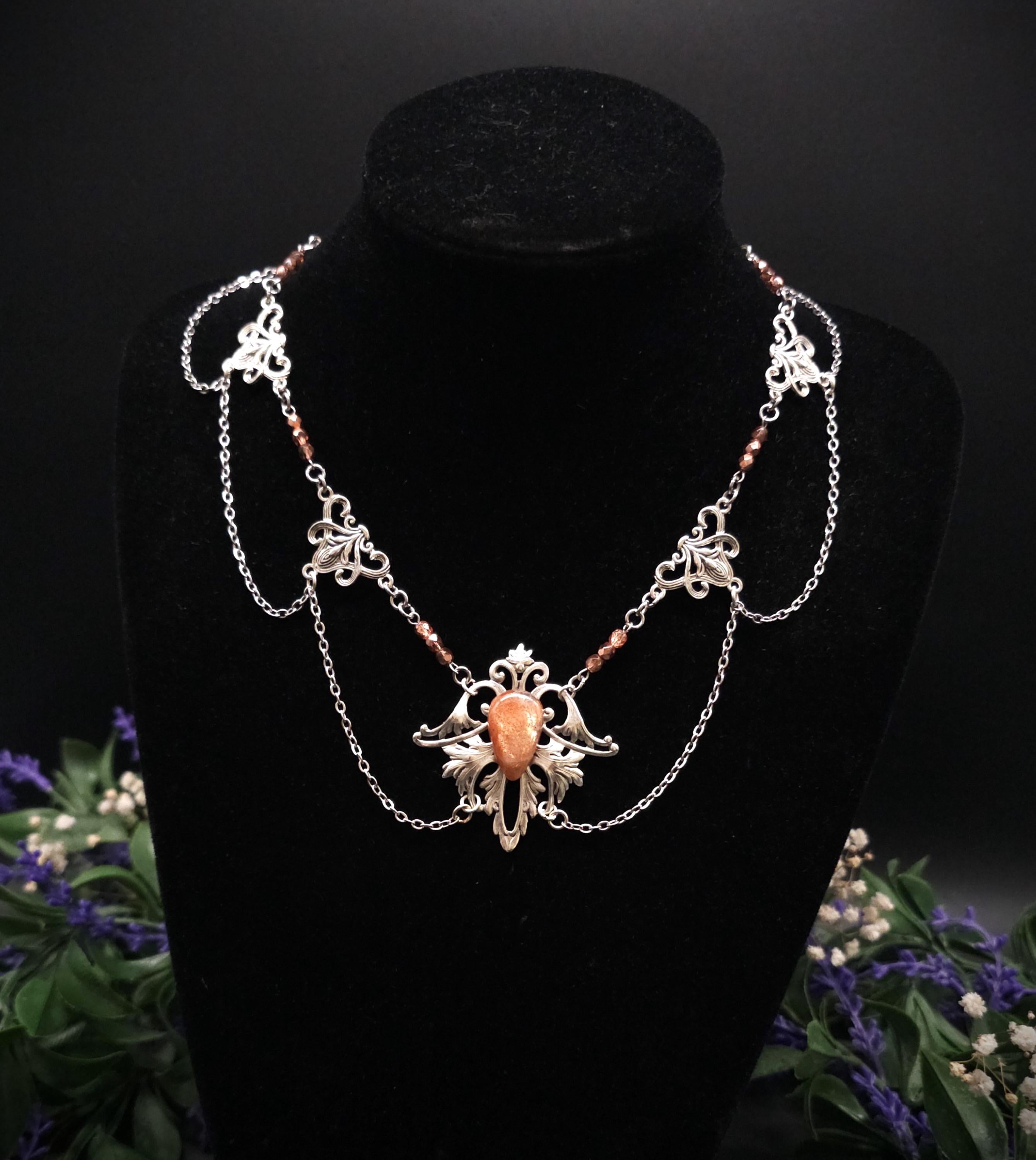 Sonnenstein Halskette ~ Art Nouveau Schmuck mit Naturstein ~ Elbische Kette ~ Jugendstil Fantasy Schmuck ~