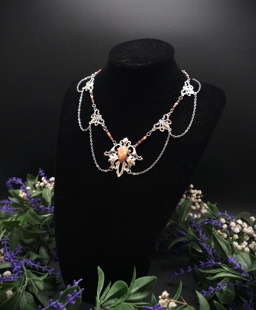 Sonnenstein Halskette ~ Art Nouveau Schmuck mit Naturstein ~ Elbische Kette ~ Jugendstil Fantasy Schmuck ~