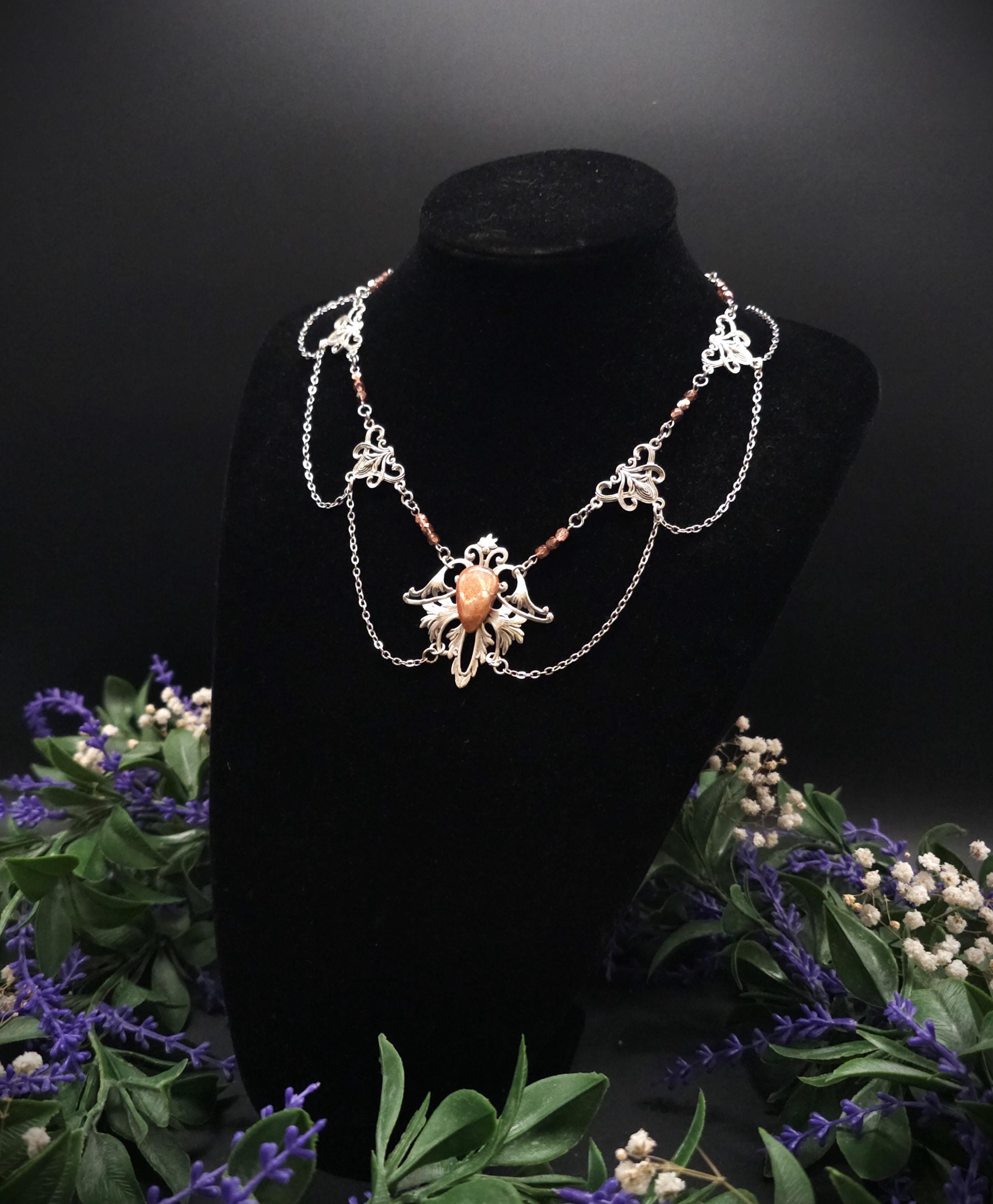 Sonnenstein Halskette ~ Art Nouveau Schmuck mit Naturstein ~ Elbische Kette ~ Jugendstil Fantasy Schmuck ~