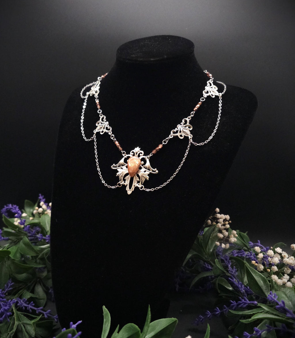 Sonnenstein Halskette ~ Art Nouveau Schmuck mit Naturstein ~ Elbische Kette ~ Jugendstil Fantasy Schmuck ~
