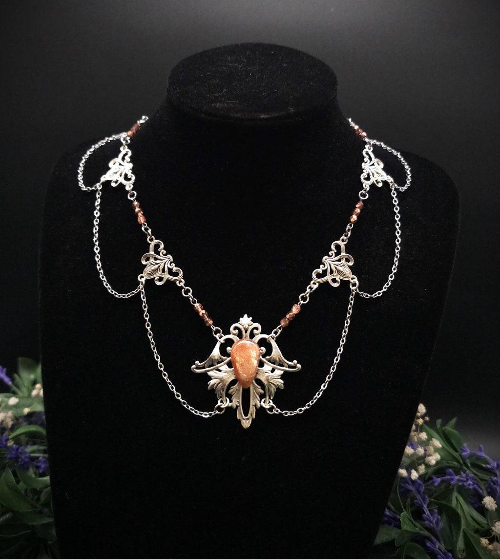 Sonnenstein Halskette ~ Art Nouveau Schmuck mit Naturstein ~ Elbische Kette ~ Jugendstil Fantasy Schmuck ~