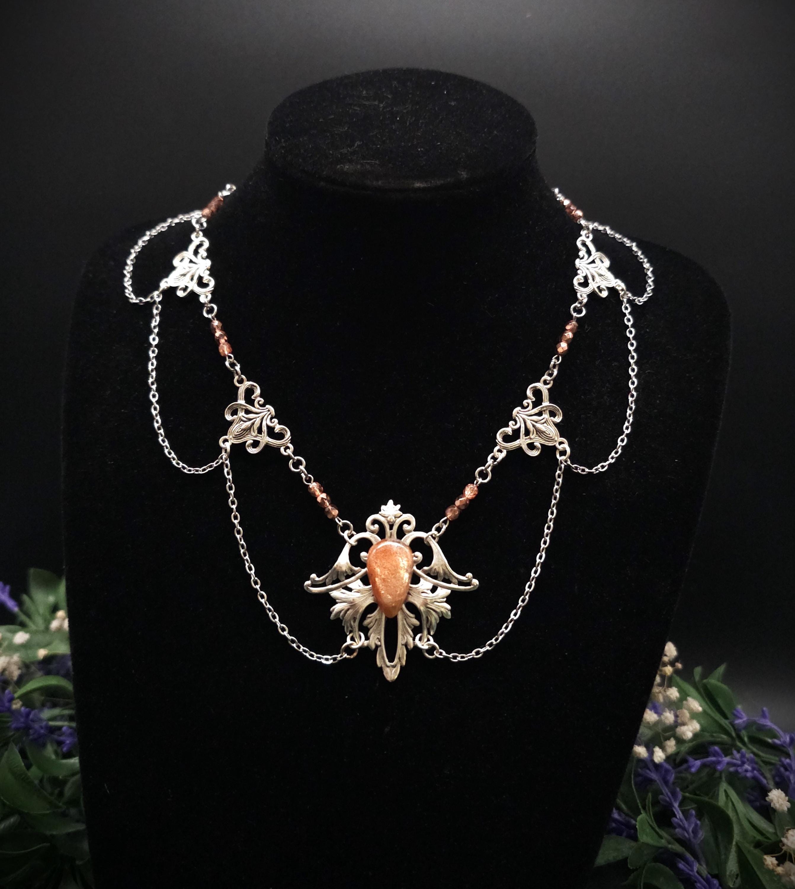 Sonnenstein Halskette ~ Art Nouveau Schmuck mit Naturstein ~ Elbische Kette ~ Jugendstil Fantasy Schmuck ~