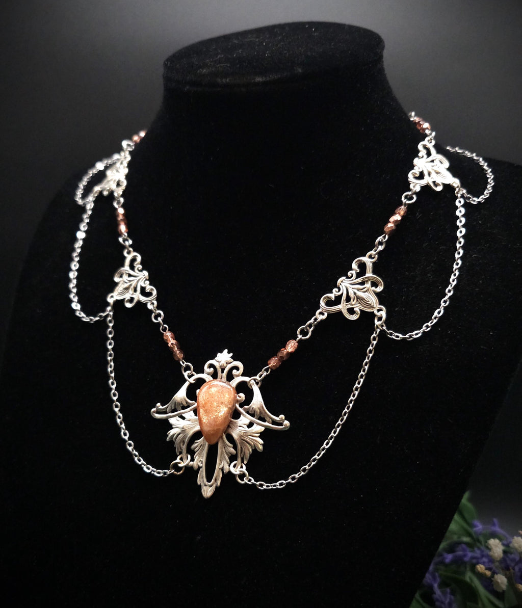 Sonnenstein Halskette ~ Art Nouveau Schmuck mit Naturstein ~ Elbische Kette ~ Jugendstil Fantasy Schmuck ~