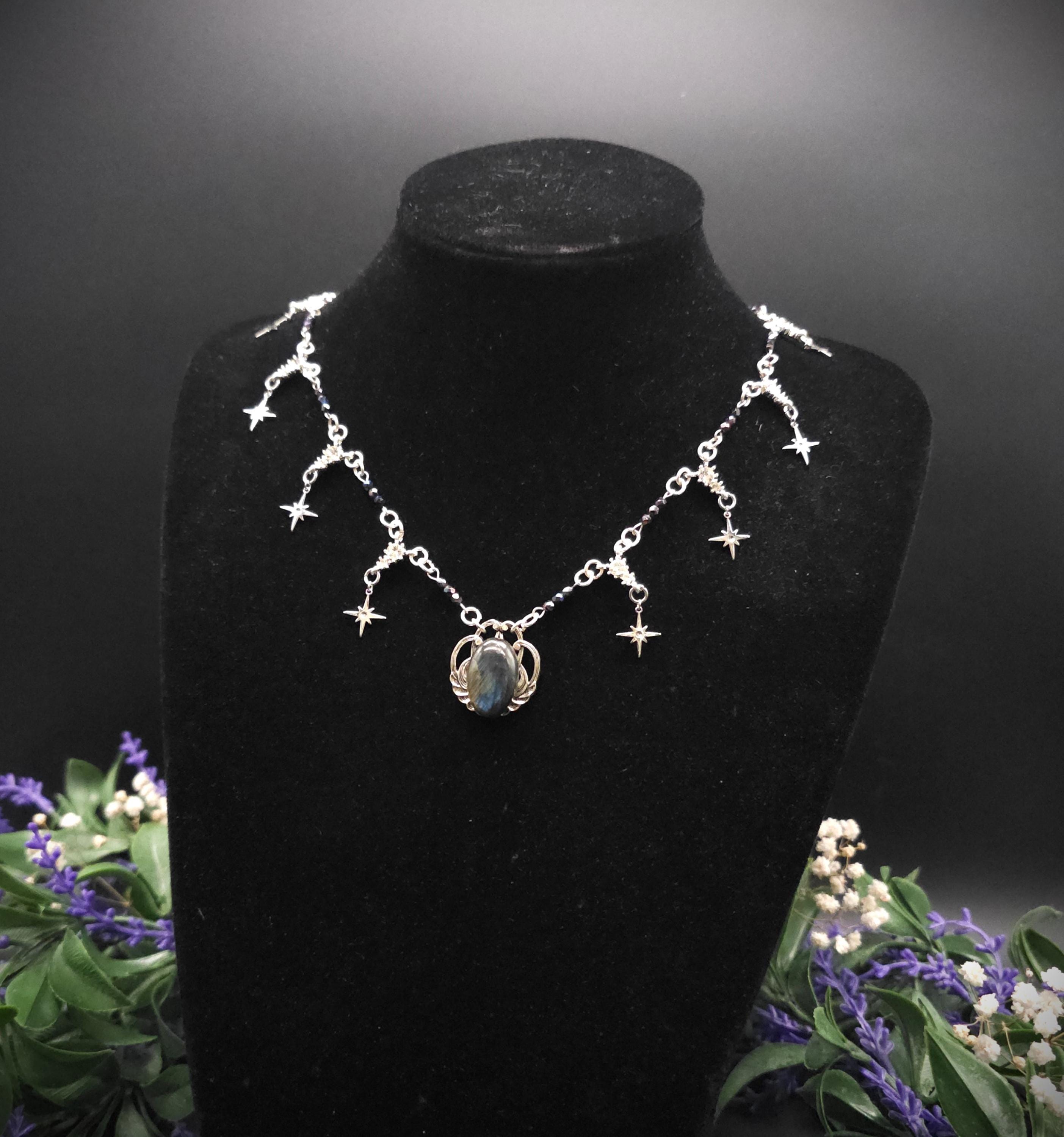 Labradorit Halskette mit Sternen ~ Art Nouveau Kette ~ Celestial Jewelry ~ Elbischer Fantasy Schmuck ~ Edelstahl