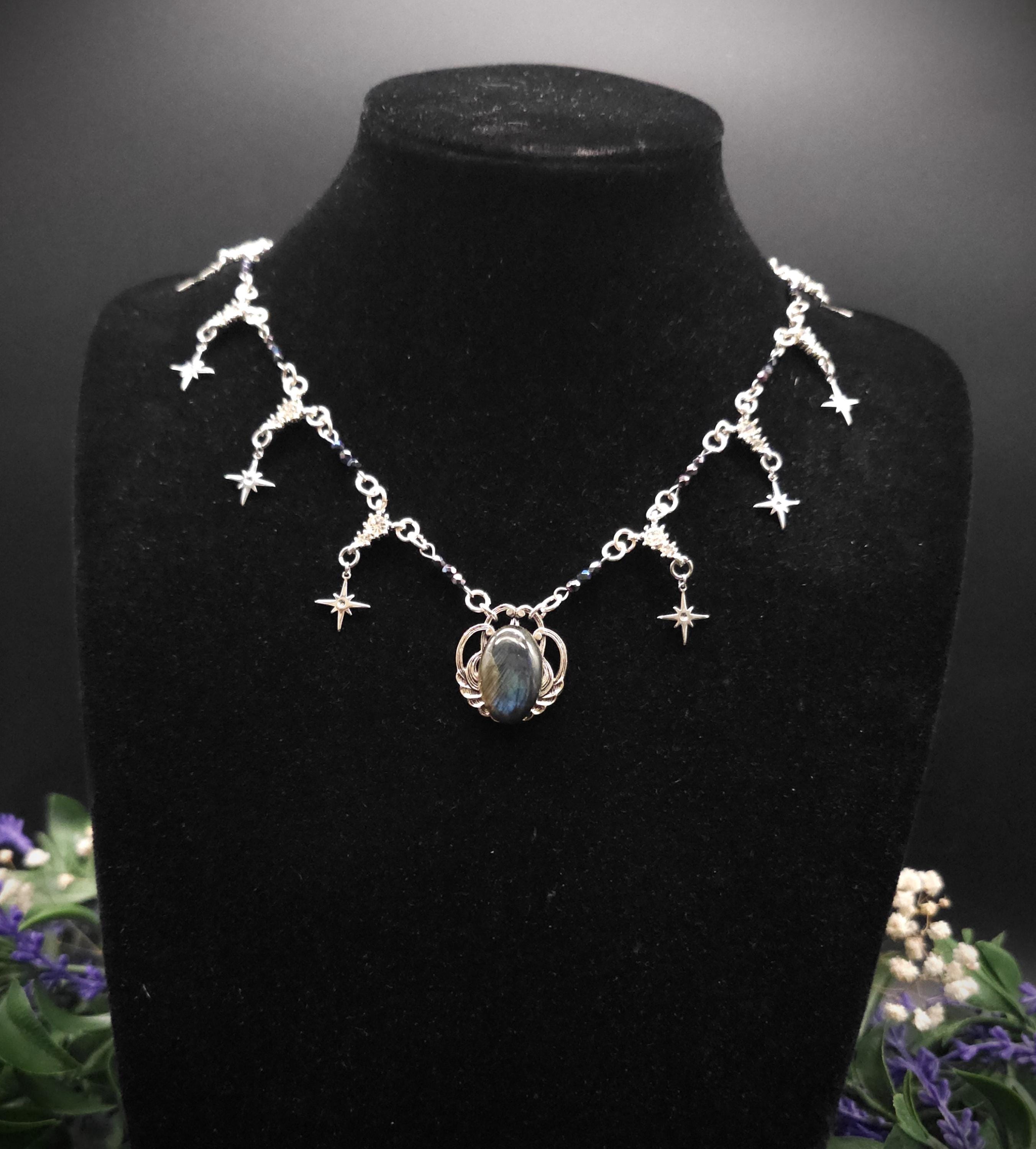 Labradorit Halskette mit Sternen ~ Art Nouveau Kette ~ Celestial Jewelry ~ Elbischer Fantasy Schmuck ~ Edelstahl