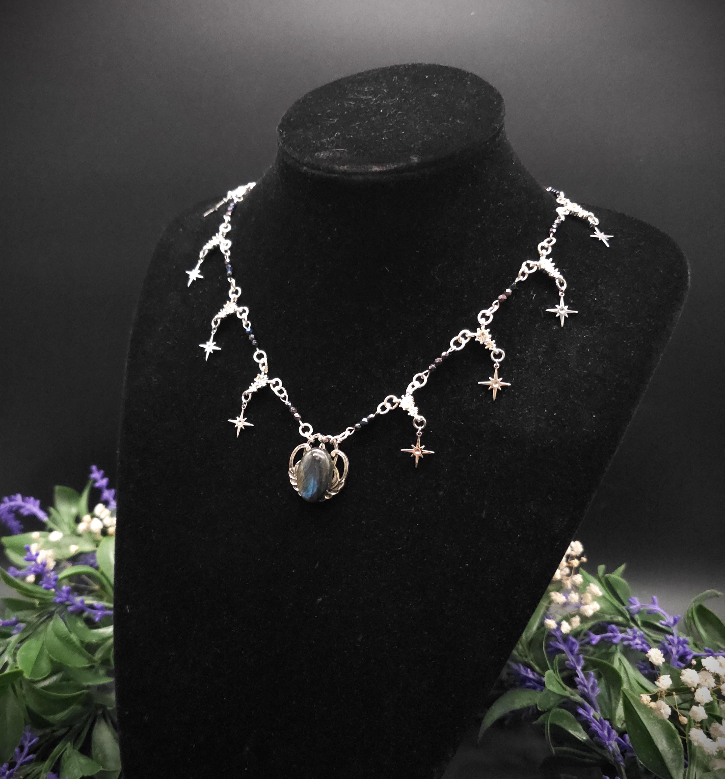 Labradorit Halskette mit Sternen ~ Art Nouveau Kette ~ Celestial Jewelry ~ Elbischer Fantasy Schmuck ~ Edelstahl