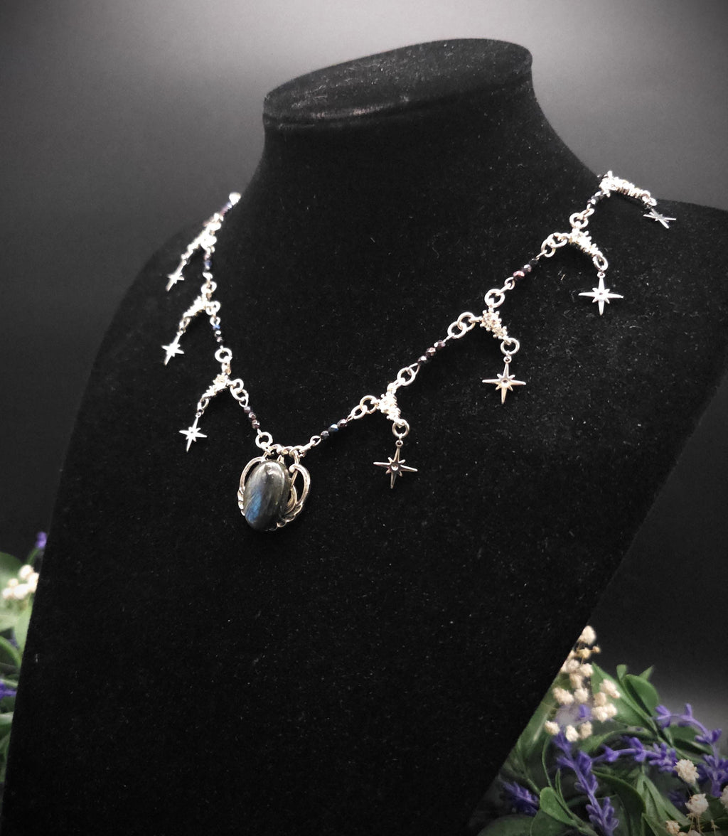 Labradorit Halskette mit Sternen ~ Art Nouveau Kette ~ Celestial Jewelry ~ Elbischer Fantasy Schmuck ~ Edelstahl