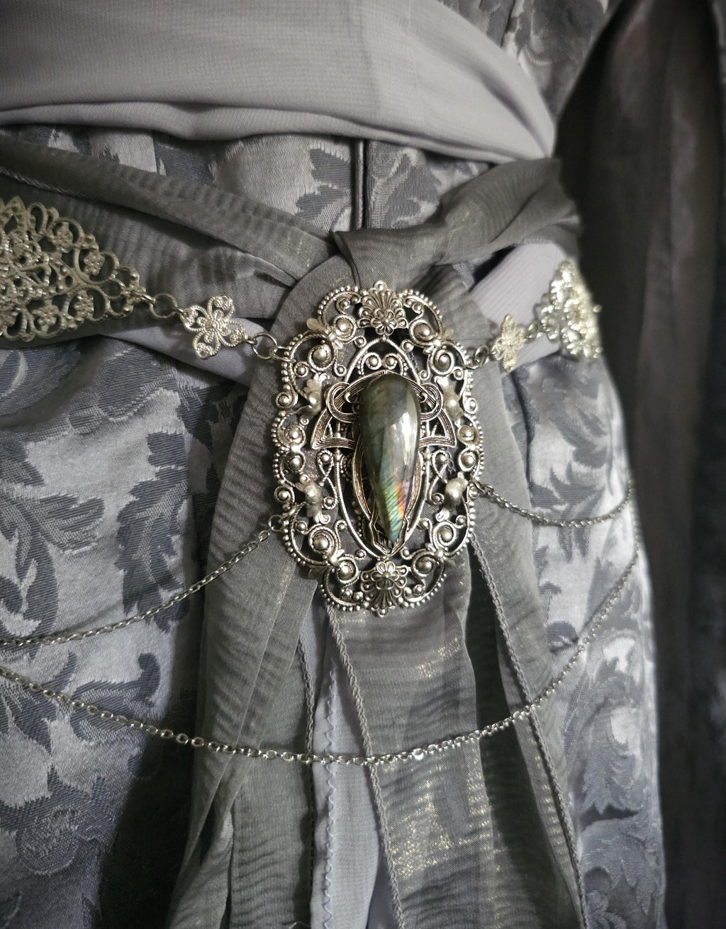 Fantasy Schmuckgürtel mit Labradorit ~ Elbischer Kettengürtel ~ Art Nouveau Hüftschmuck ~ größenverstellbar