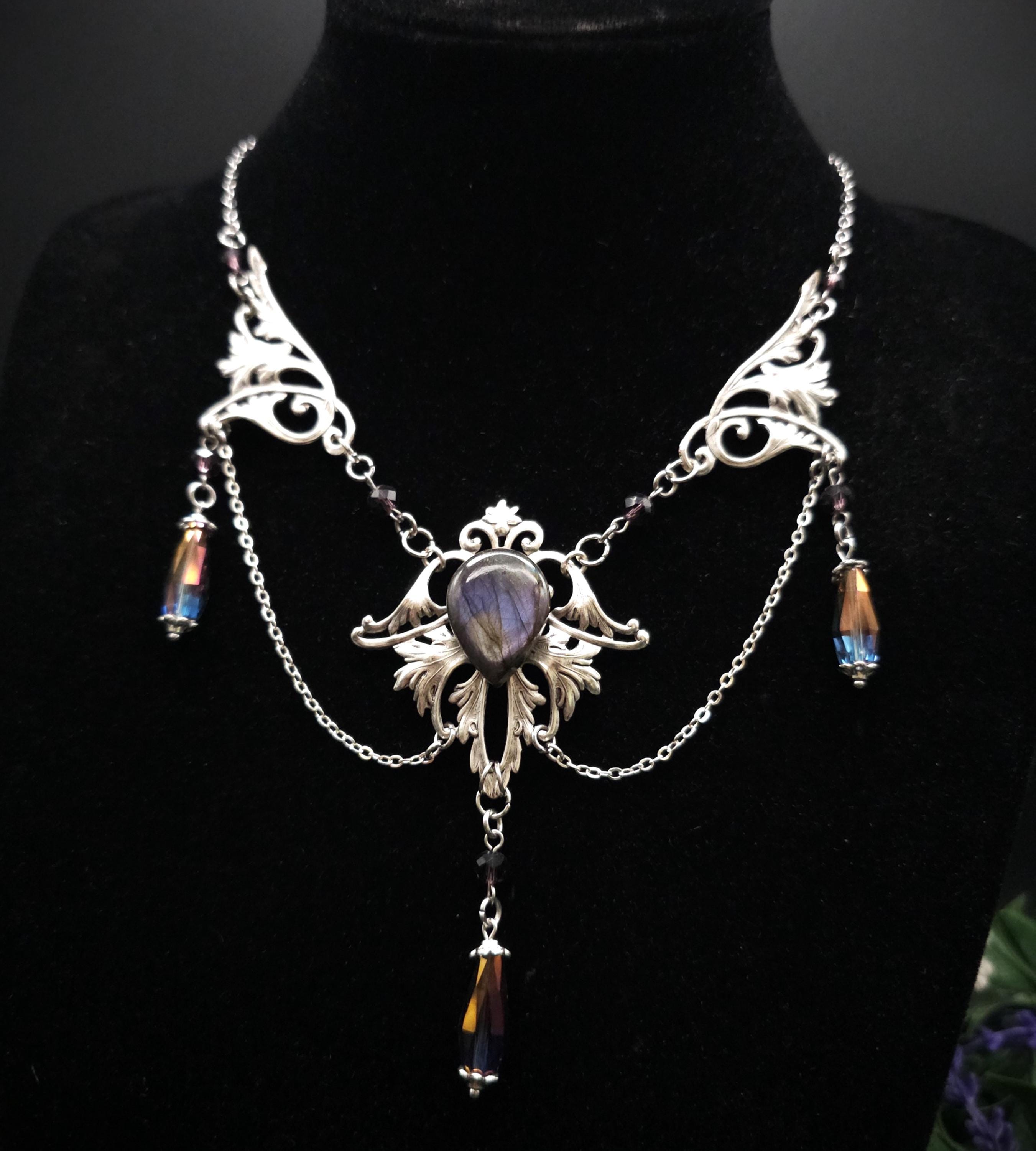 Labradorit Halskette Art Nouveau ~ Jugendstil Kette mit violettem Labradorit ~ Fantasy Schmuck ~ Gothic Statement Necklace