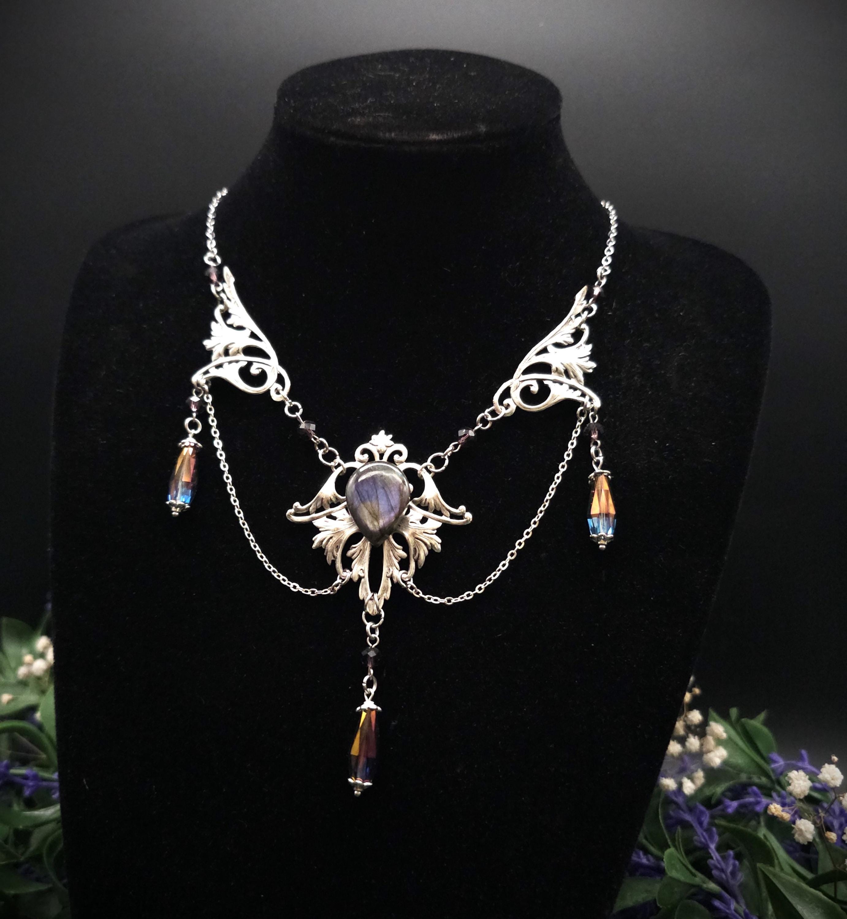 Labradorit Halskette Art Nouveau ~ Jugendstil Kette mit violettem Labradorit ~ Fantasy Schmuck ~ Gothic Statement Necklace