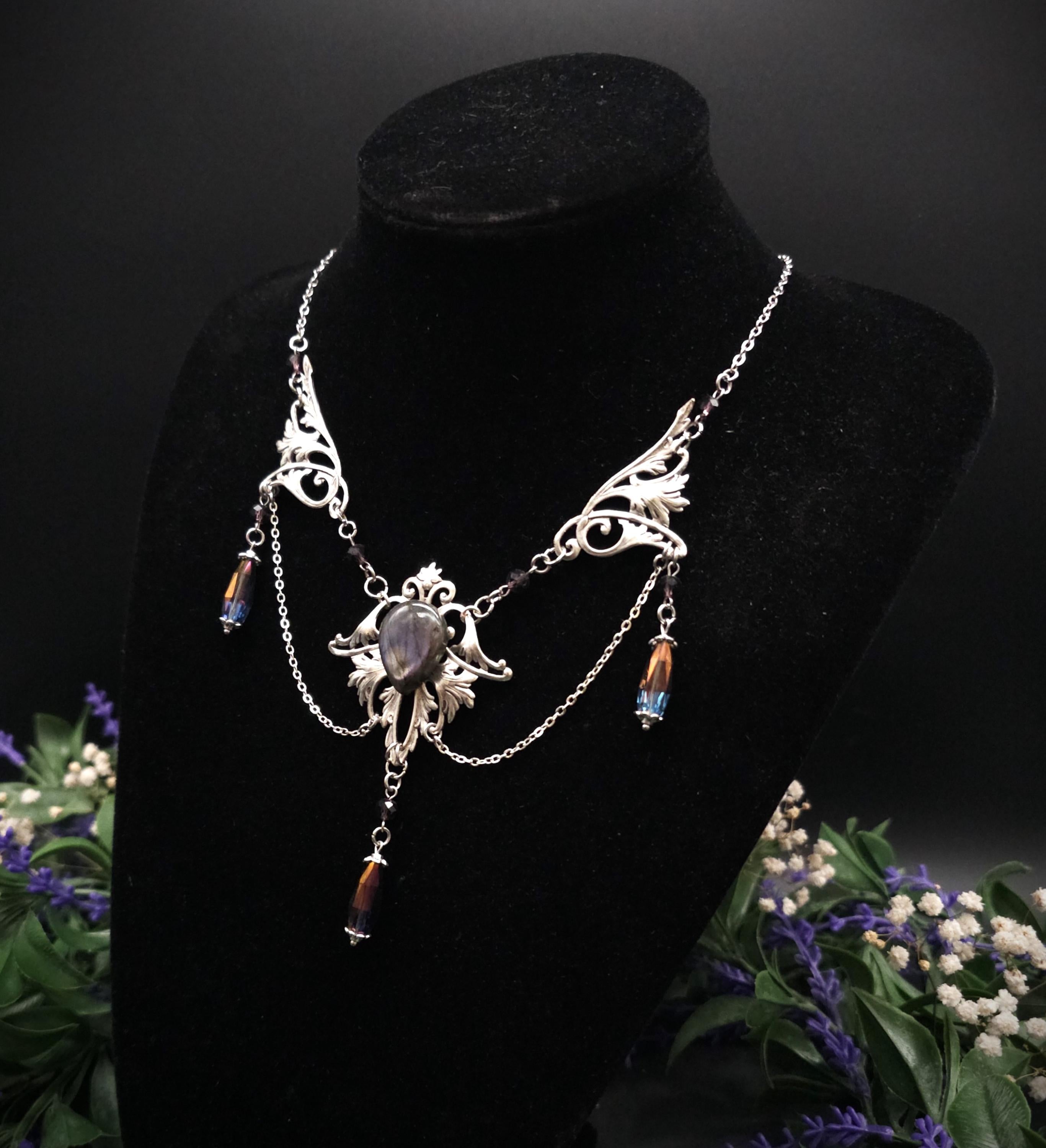 Labradorit Halskette Art Nouveau ~ Jugendstil Kette mit violettem Labradorit ~ Fantasy Schmuck ~ Gothic Statement Necklace