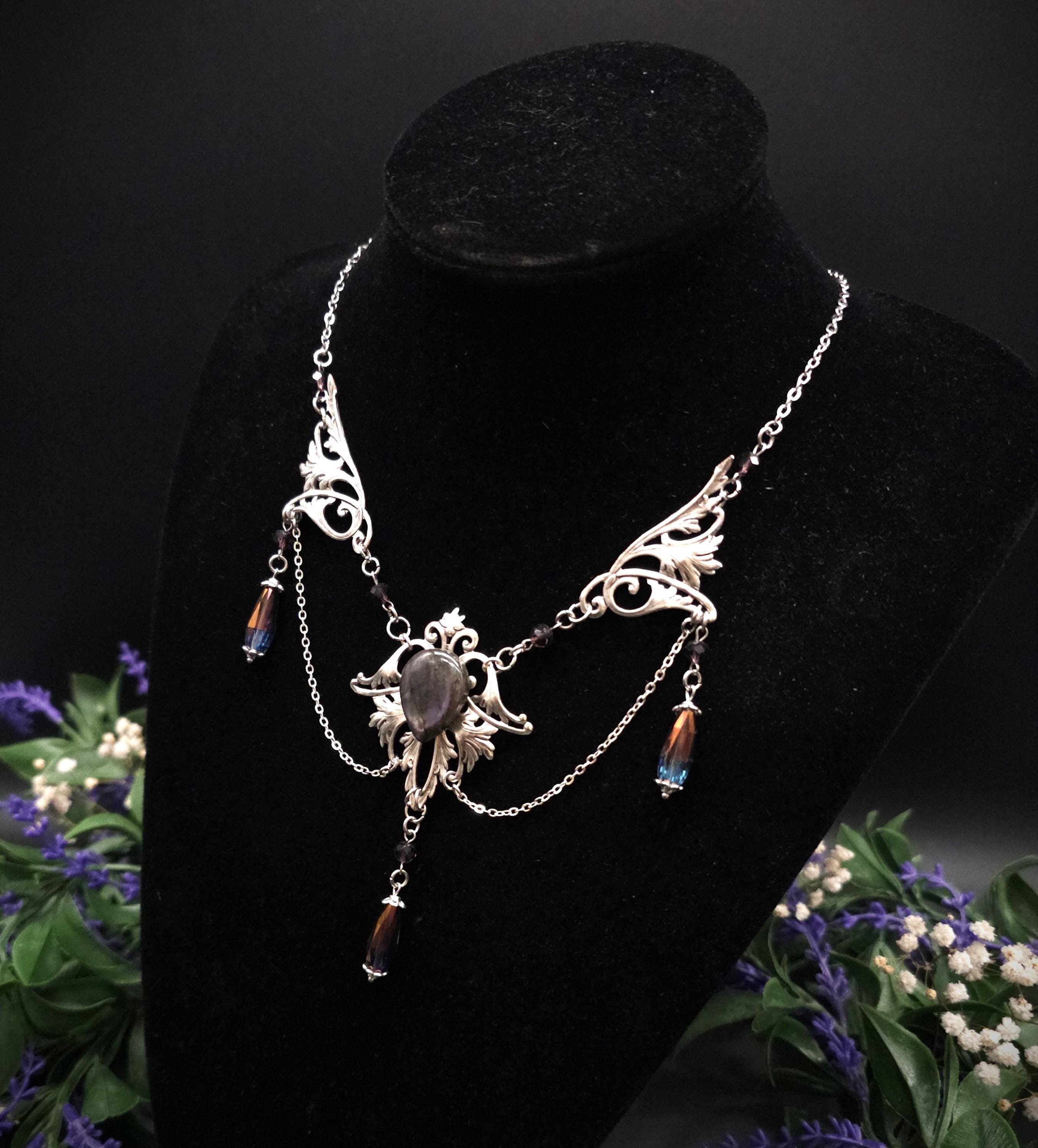 Labradorit Halskette Art Nouveau ~ Jugendstil Kette mit violettem Labradorit ~ Fantasy Schmuck ~ Gothic Statement Necklace
