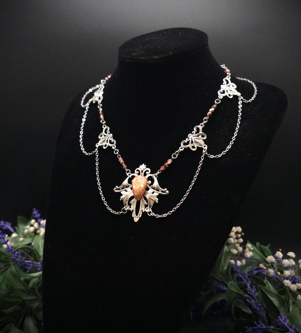Sonnenstein Halskette ~ Art Nouveau Schmuck mit Naturstein ~ Elbische Kette ~ Jugendstil Fantasy Schmuck ~