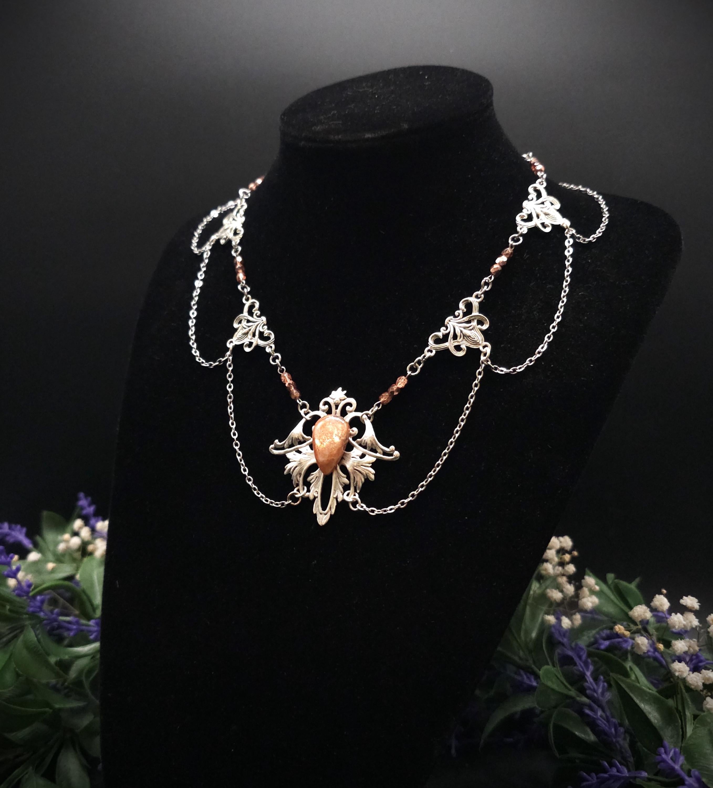Sonnenstein Halskette ~ Art Nouveau Schmuck mit Naturstein ~ Elbische Kette ~ Jugendstil Fantasy Schmuck ~