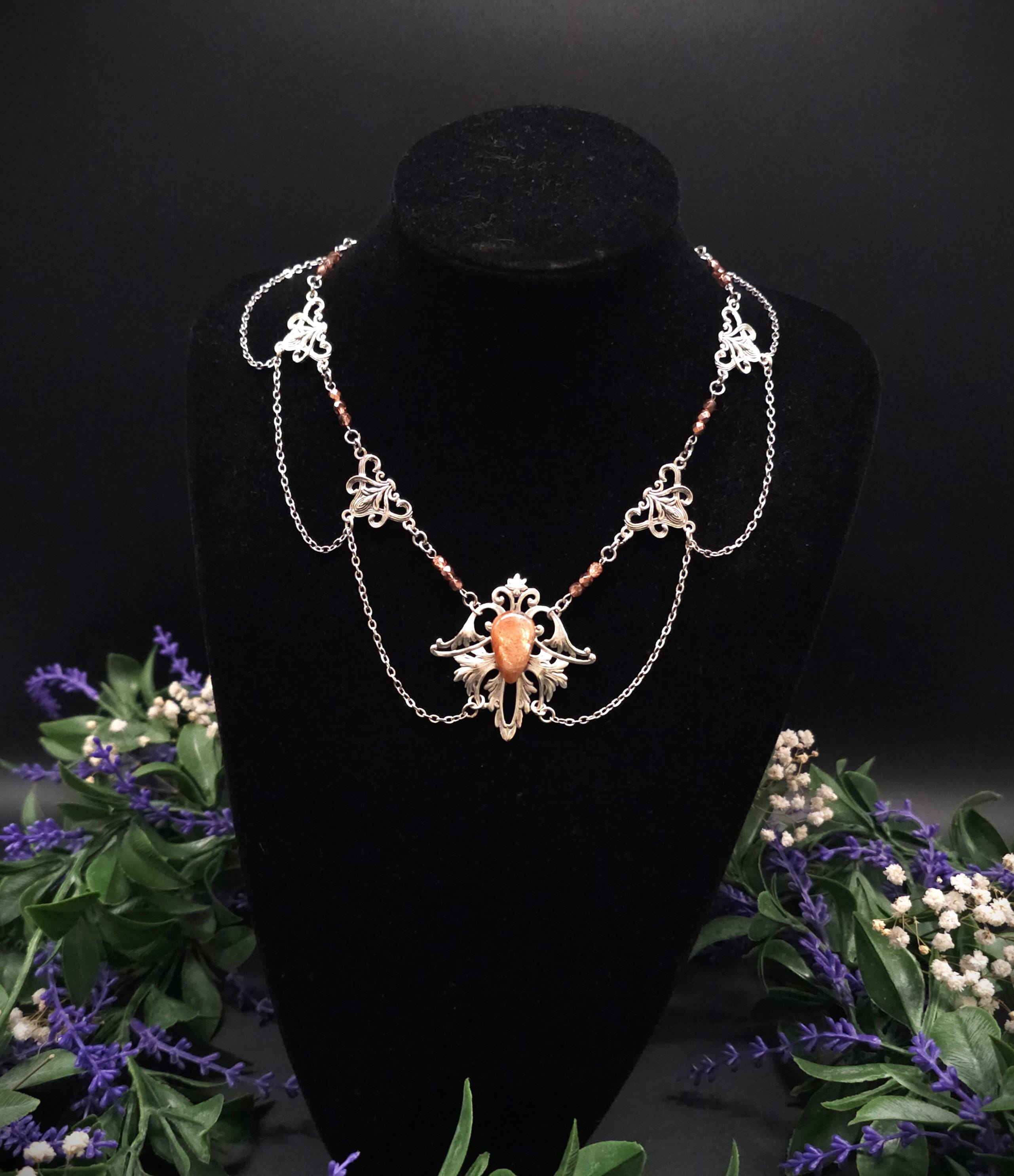 Sonnenstein Halskette ~ Art Nouveau Schmuck mit Naturstein ~ Elbische Kette ~ Jugendstil Fantasy Schmuck ~