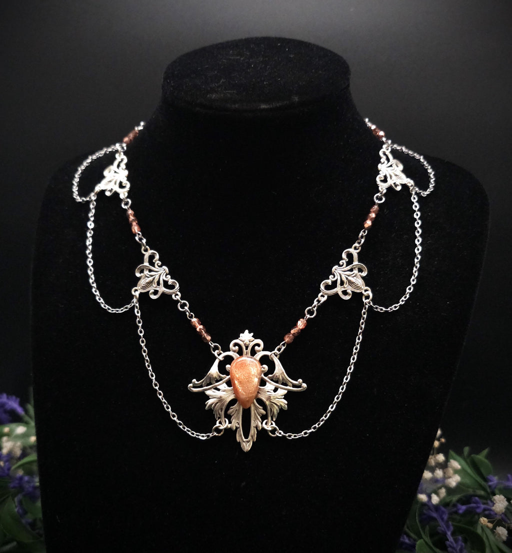 Sonnenstein Halskette ~ Art Nouveau Schmuck mit Naturstein ~ Elbische Kette ~ Jugendstil Fantasy Schmuck ~