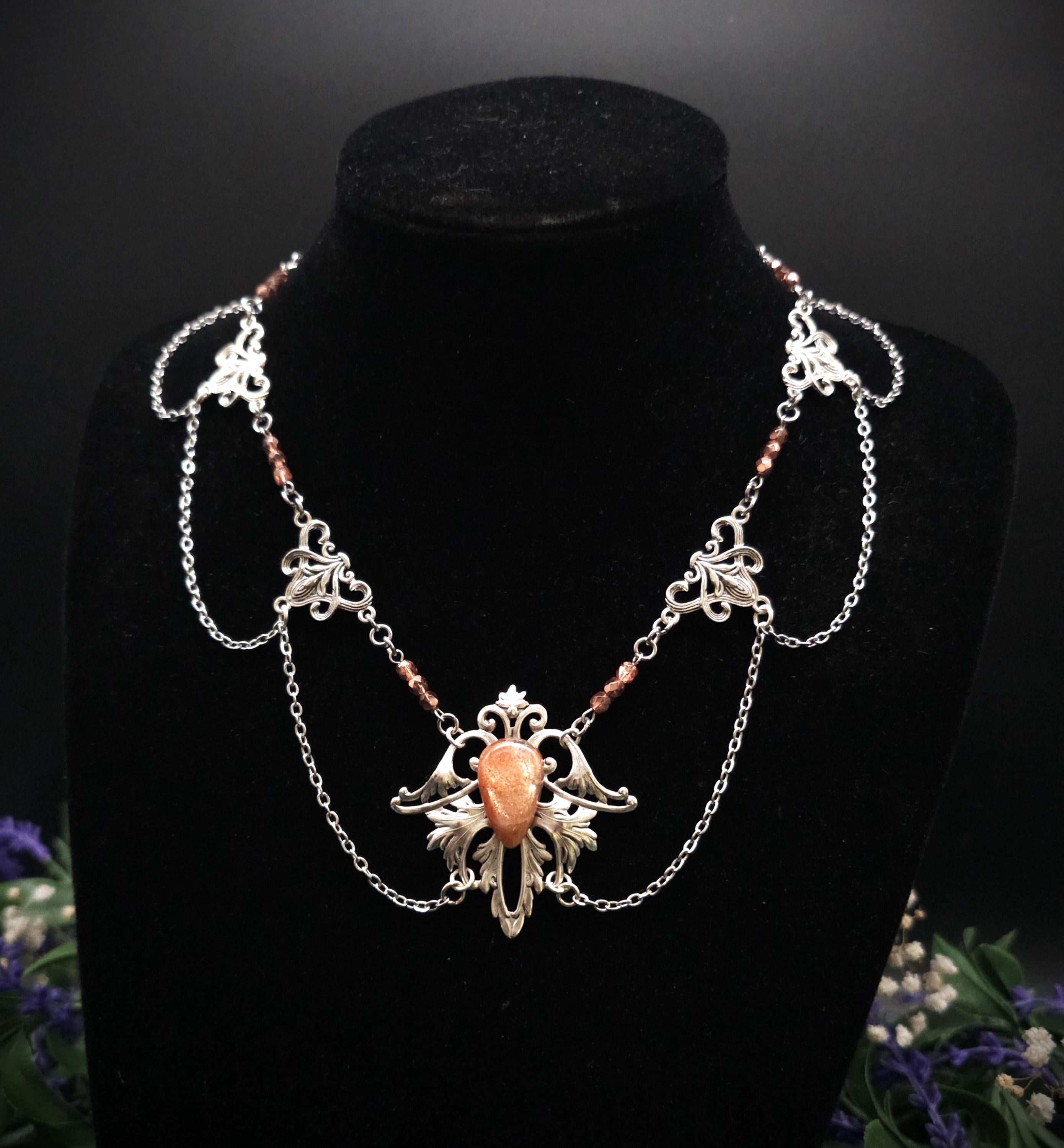 Sonnenstein Halskette ~ Art Nouveau Schmuck mit Naturstein ~ Elbische Kette ~ Jugendstil Fantasy Schmuck ~