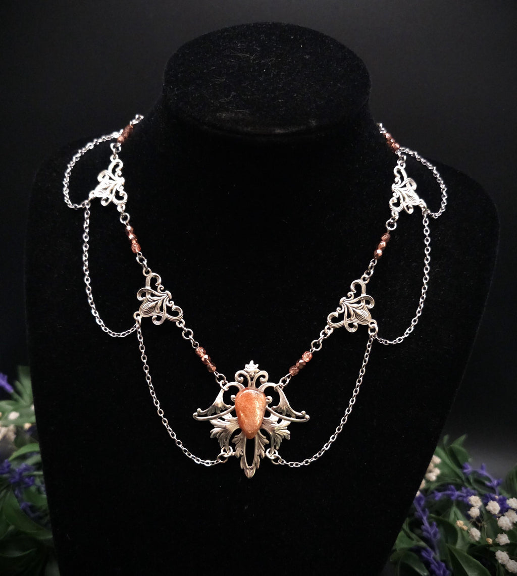 Sonnenstein Halskette ~ Art Nouveau Schmuck mit Naturstein ~ Elbische Kette ~ Jugendstil Fantasy Schmuck ~
