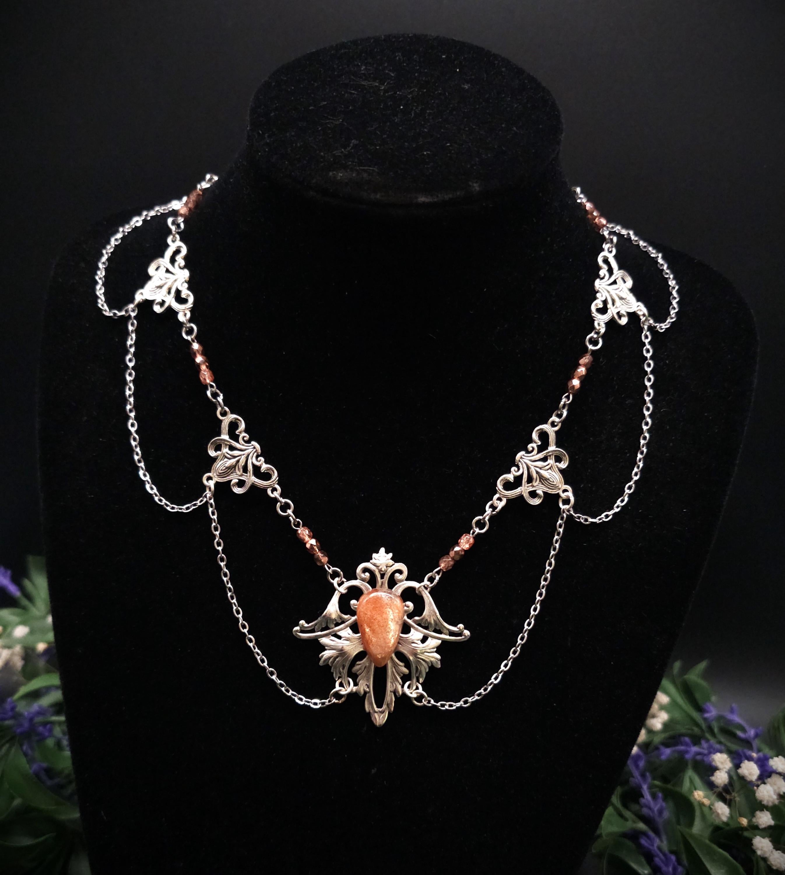 Sonnenstein Halskette ~ Art Nouveau Schmuck mit Naturstein ~ Elbische Kette ~ Jugendstil Fantasy Schmuck ~
