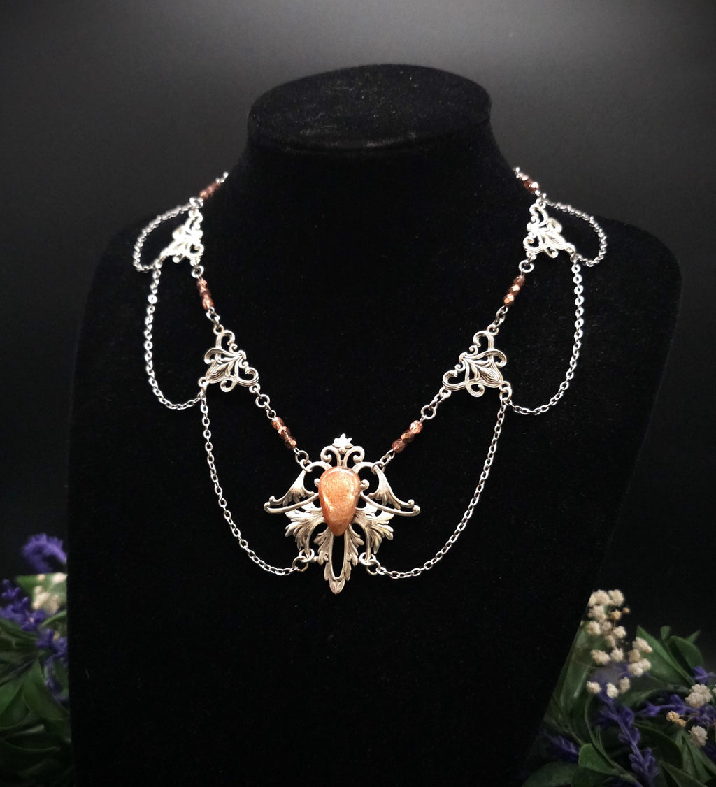 Sonnenstein Halskette ~ Art Nouveau Schmuck mit Naturstein ~ Elbische Kette ~ Jugendstil Fantasy Schmuck ~