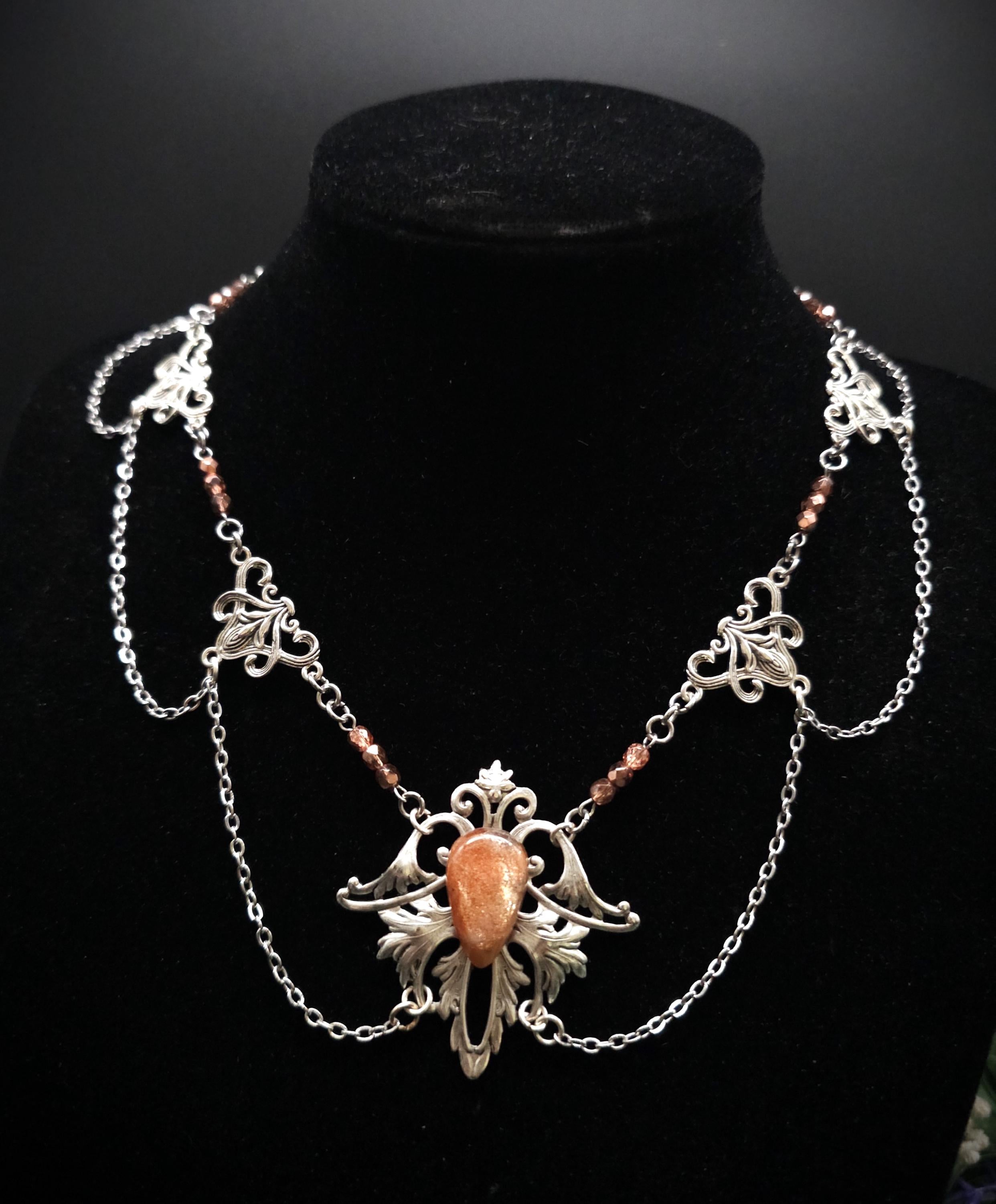 Sonnenstein Halskette ~ Art Nouveau Schmuck mit Naturstein ~ Elbische Kette ~ Jugendstil Fantasy Schmuck ~
