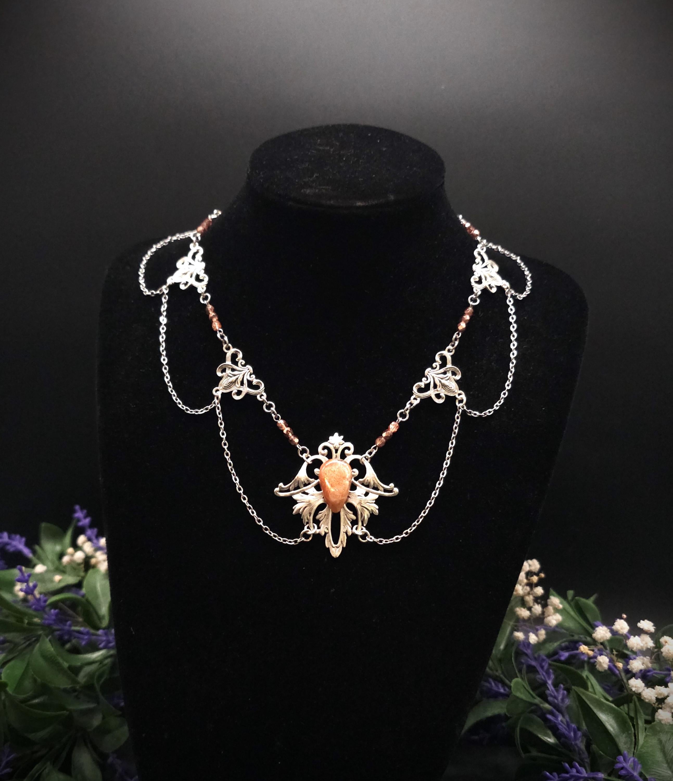 Sonnenstein Halskette ~ Art Nouveau Schmuck mit Naturstein ~ Elbische Kette ~ Jugendstil Fantasy Schmuck ~