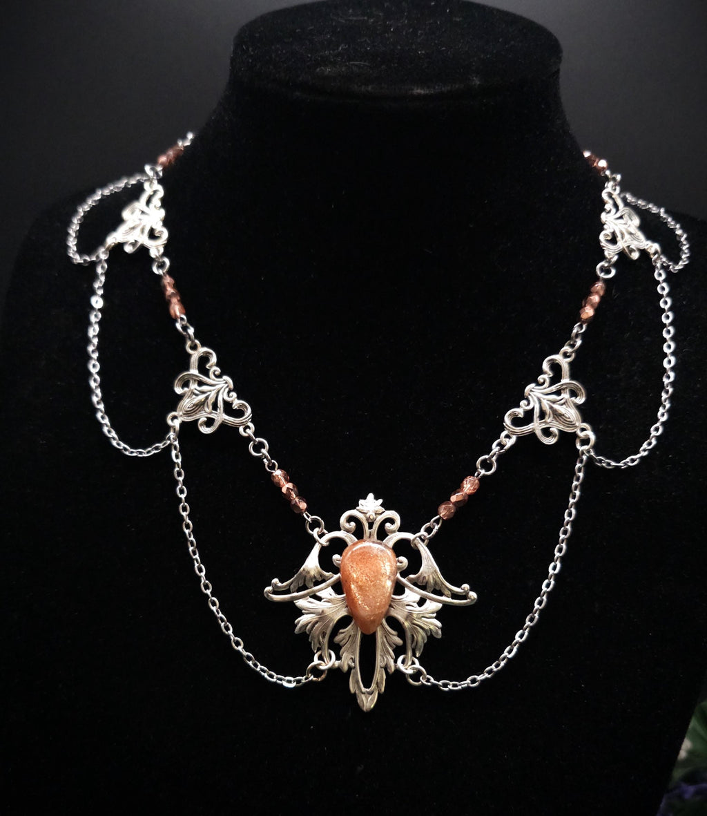 Sonnenstein Halskette ~ Art Nouveau Schmuck mit Naturstein ~ Elbische Kette ~ Jugendstil Fantasy Schmuck ~