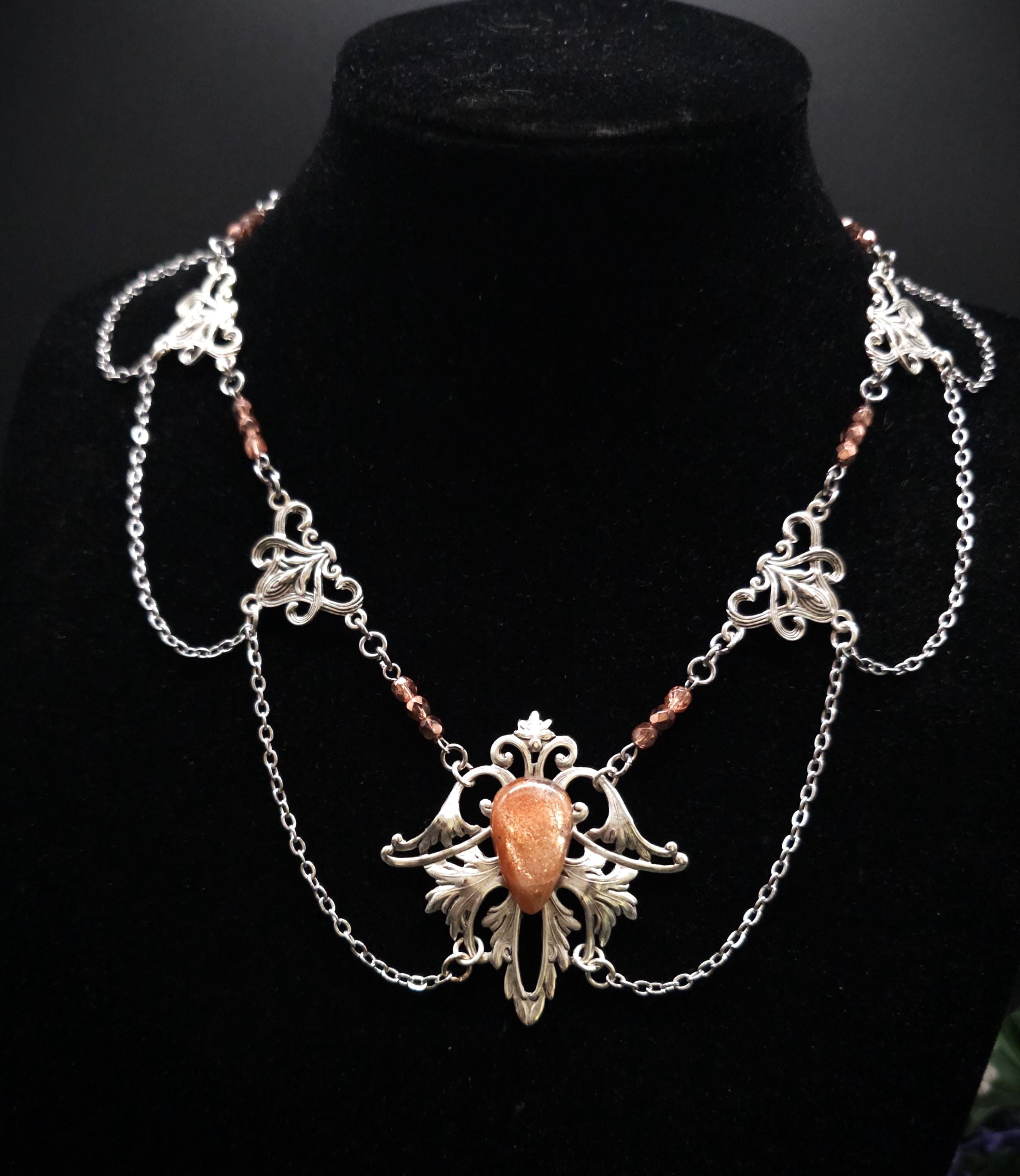 Sonnenstein Halskette ~ Art Nouveau Schmuck mit Naturstein ~ Elbische Kette ~ Jugendstil Fantasy Schmuck ~
