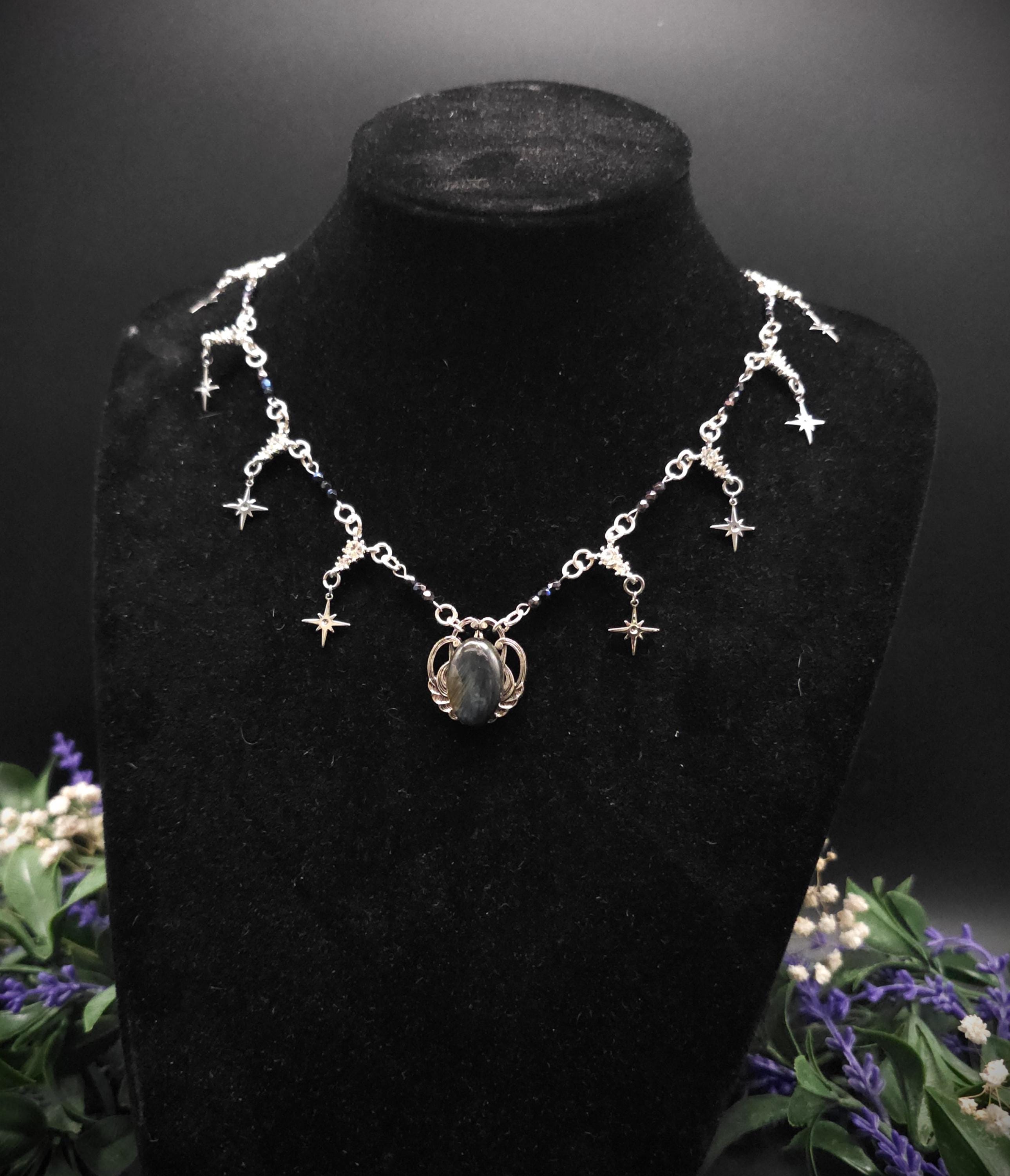 Labradorit Halskette mit Sternen ~ Art Nouveau Kette ~ Celestial Jewelry ~ Elbischer Fantasy Schmuck ~ Edelstahl