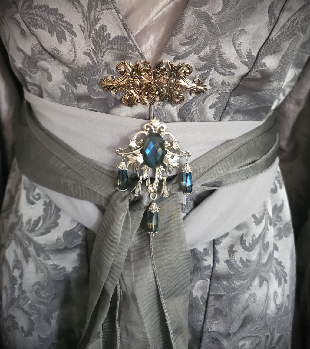 Labradorit Brosche Silber ~ Fantasy Gürtelbrosche mit Glasperlen ~ Art Nouveau Schmuck ~ Elbischer Schmuck ~