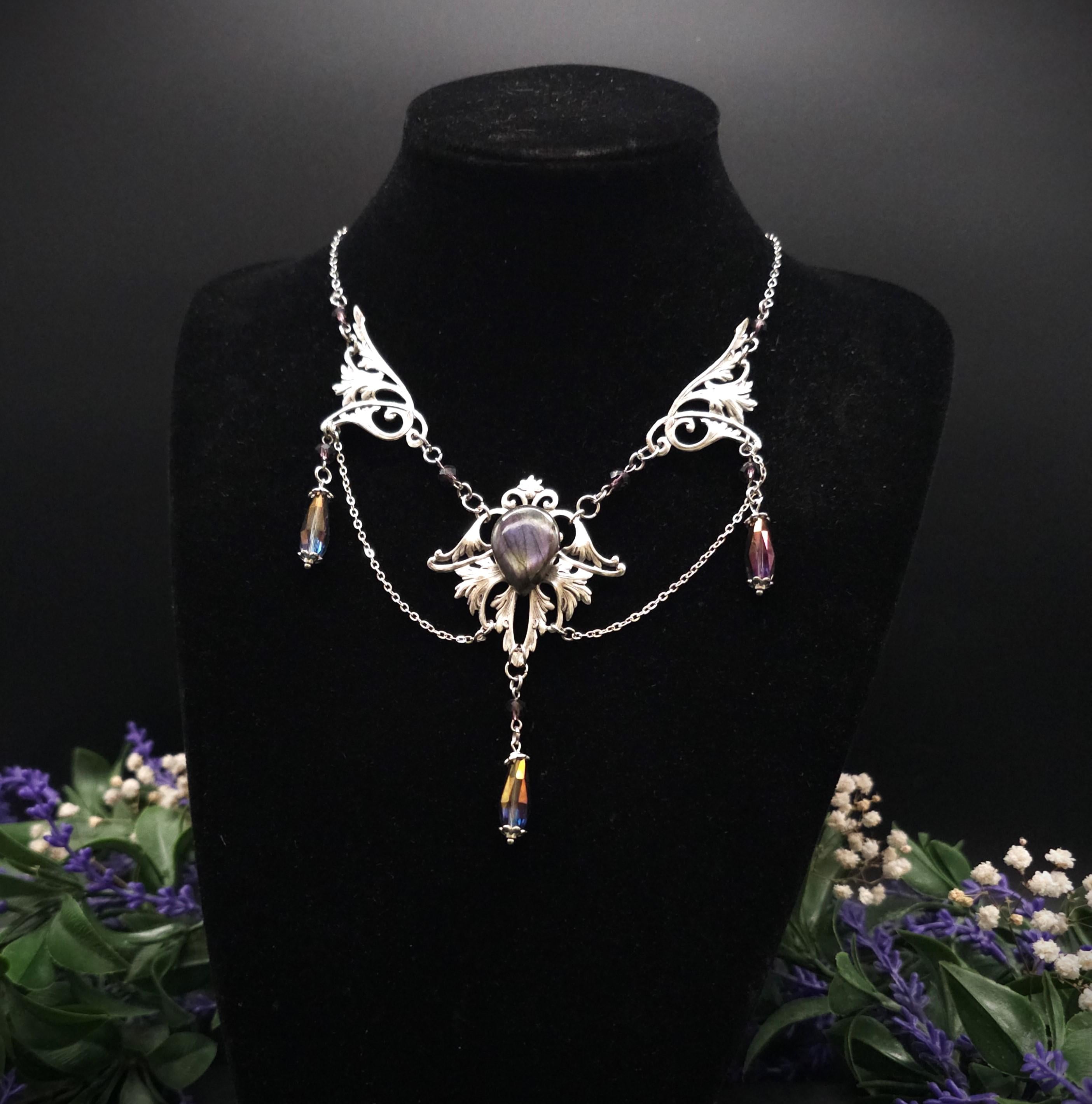 Labradorit Halskette Art Nouveau ~ Jugendstil Kette mit violettem Labradorit ~ Fantasy Schmuck ~ Gothic Statement Necklace