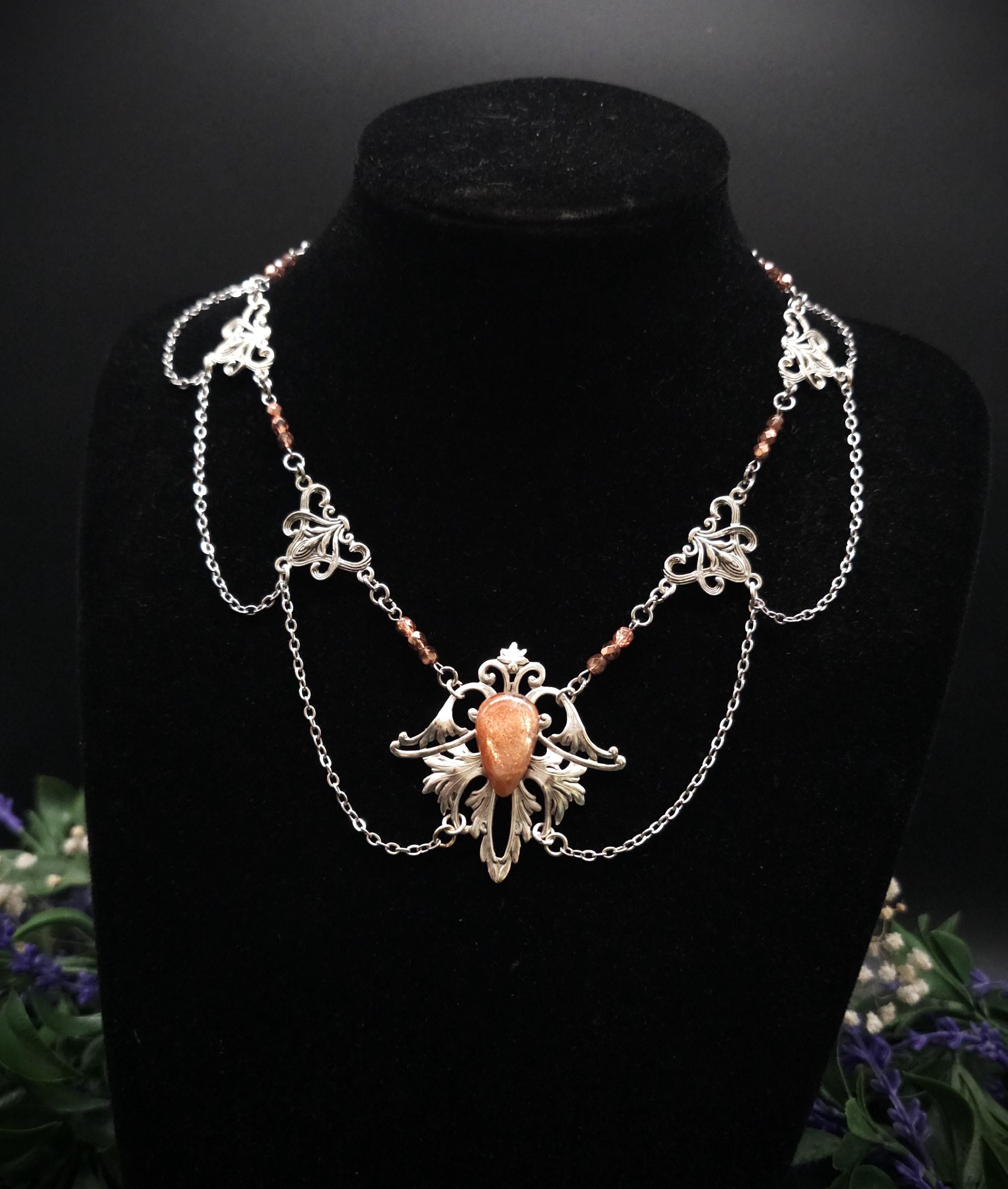 Sonnenstein Halskette ~ Art Nouveau Schmuck mit Naturstein ~ Elbische Kette ~ Jugendstil Fantasy Schmuck ~
