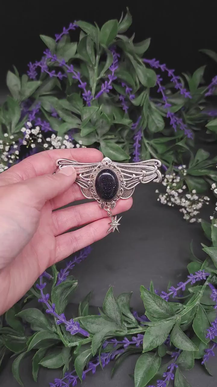 Silberne Jugendstil Haarspange mit Blaufluss Cabochon - Sternanhänger – Schmetterlings Vintage Design