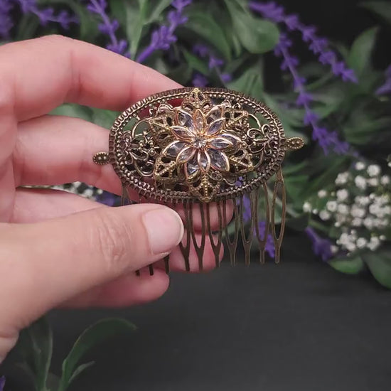 Bronze Hair Comb with Golden Crystal Flower: Filigree Vintage Bridal Hair Jewelry