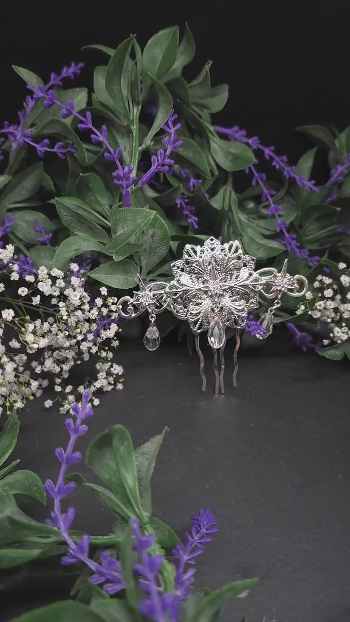 Silberner Braut-Haarkamm - mit Sternen und Kristalltropfen –Hochzeits-Haarschmuck - Fantasy Accessoire