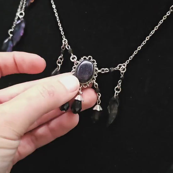 Elfen Halskette mit Blaufluss Cabochon ~ Fantasy Headpiece Silber ~ Blatt Schmuck ~ LARP Accessoire ~ Dark Fairy Necklace