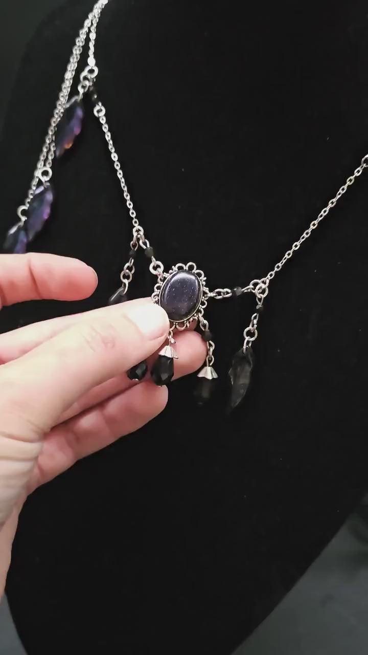 Elfen Halskette mit Blaufluss Cabochon ~ Fantasy Headpiece Silber ~ Blatt Schmuck ~ LARP Accessoire ~ Dark Fairy Necklace