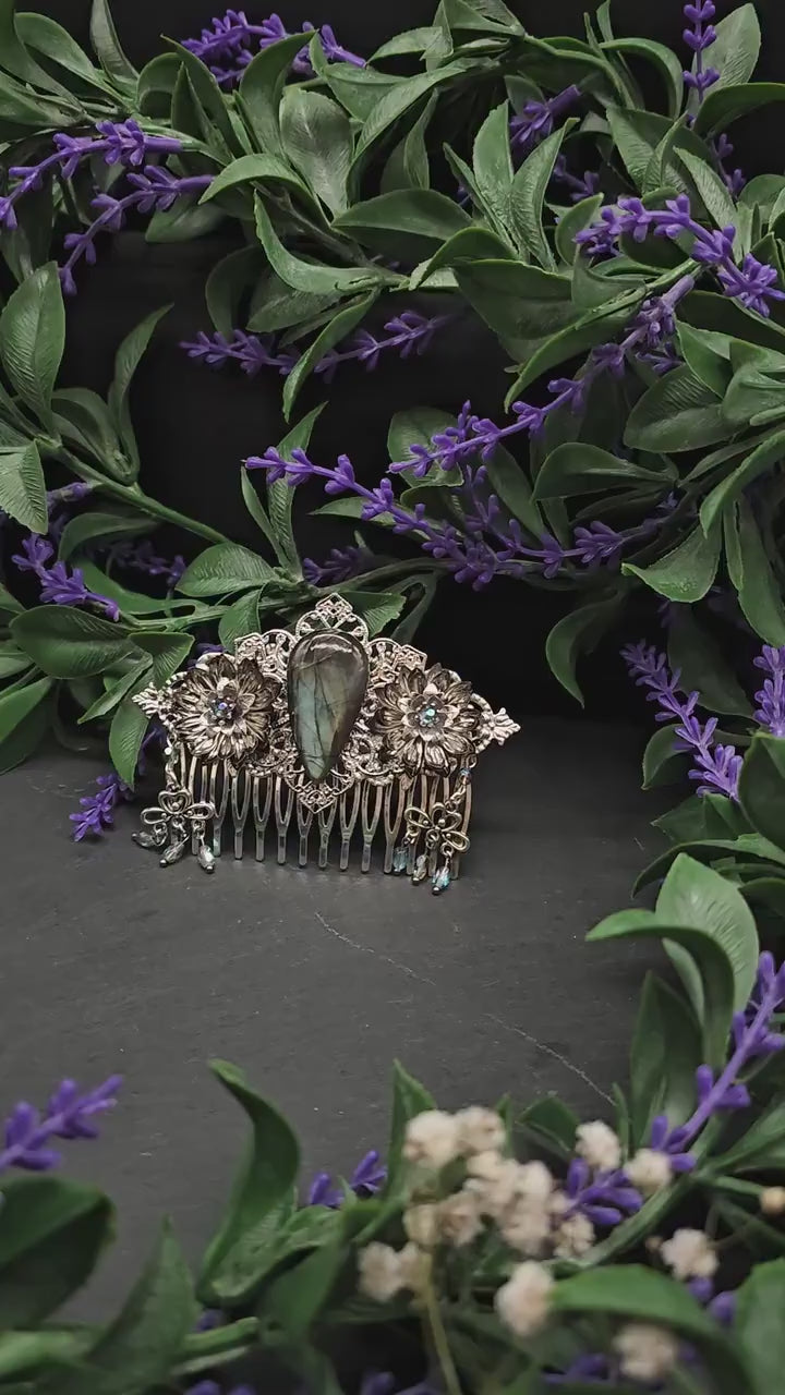 Dekorativer Haarkamm mit Labradorit, Fantasy & Vintage Kopfschmuck