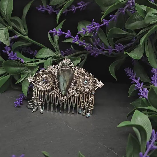 Dekorativer Haarkamm mit Labradorit, Fantasy & Vintage Kopfschmuck