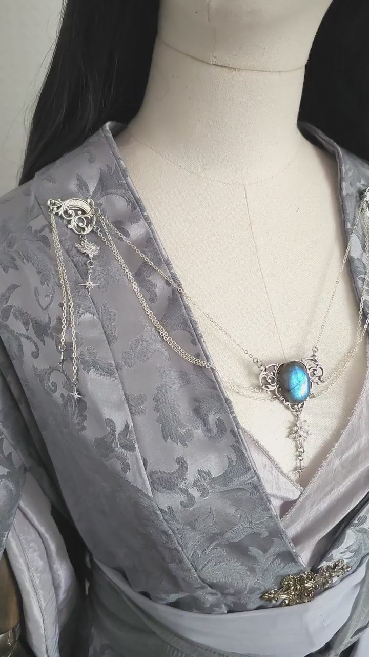 Labradorit Brosche ~ Ausschnittschmuck Silber ~ Elfischer Fantasy Schmuck ~ Schulterkette