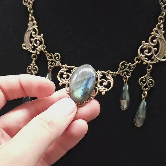 Art Nouveau Labradorit Halskette Bronze ~ Fantasy Collier mit facettierten Tropfen ~ Elfen Schmuck ~ Größenverstellbar