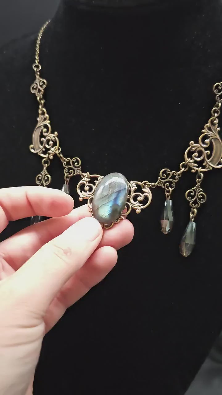 Art Nouveau Labradorit Halskette Bronze ~ Fantasy Collier mit facettierten Tropfen ~ Elfen Schmuck ~ Größenverstellbar