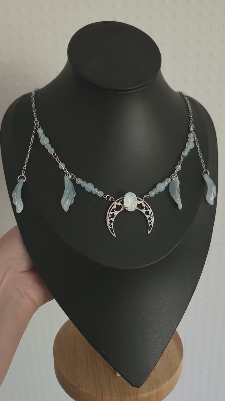 Edelstahl Mond Halskette ~ Opalith Perlen Collier ~ Elfen Fantasy Schmuck ~ Halbmond Kopfschmuck ~ Größenverstellbar