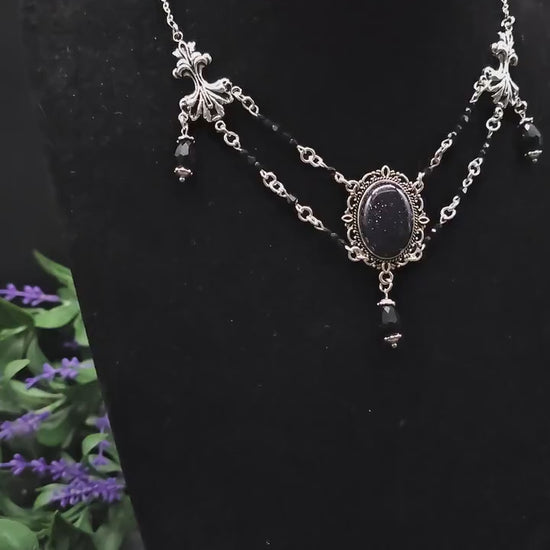 Collier ~ Viktorianische Halskette ~ Blaufluss Gothic Witchy Jewelry ~ facettierte schwarze Perlen ~ Edelstahl Rhodium ~ Größenverstellbar