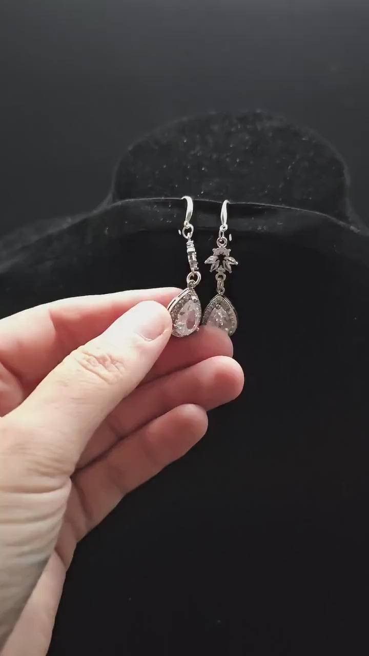 925er Sterling Silber Ohrringe mit Zirkonia Anhängern - Hochzeit & Braut-Accessoire - Vintage, Gothic, Jugendstil inspirierter Schmuck
