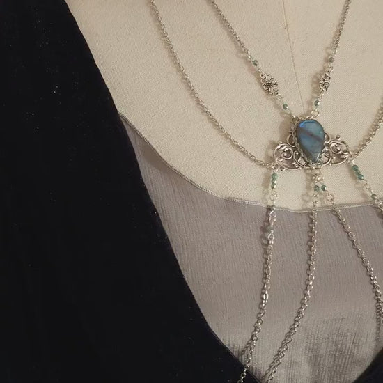 Bodychain "Meanlée" ~ Körperschmuck mit Labradorit ~ Größenverstellbar ~ Fantasy Accessoire ~ Bauchtanz, Fantasy, Cosplay